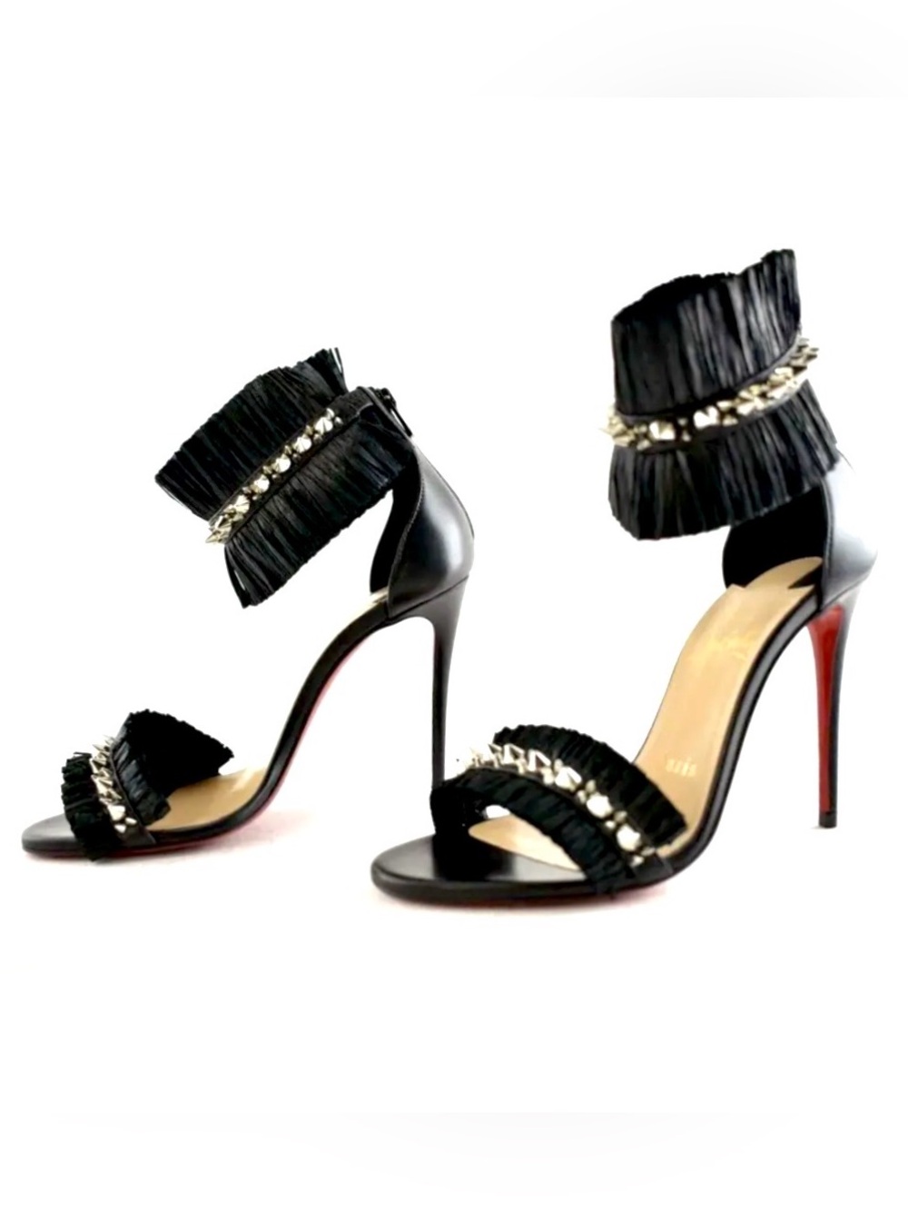 Christian Louboutin Poupedou Black Spike Raffia Ankle Strap Heels EU 39 Red Sole - Picture 5 of 9